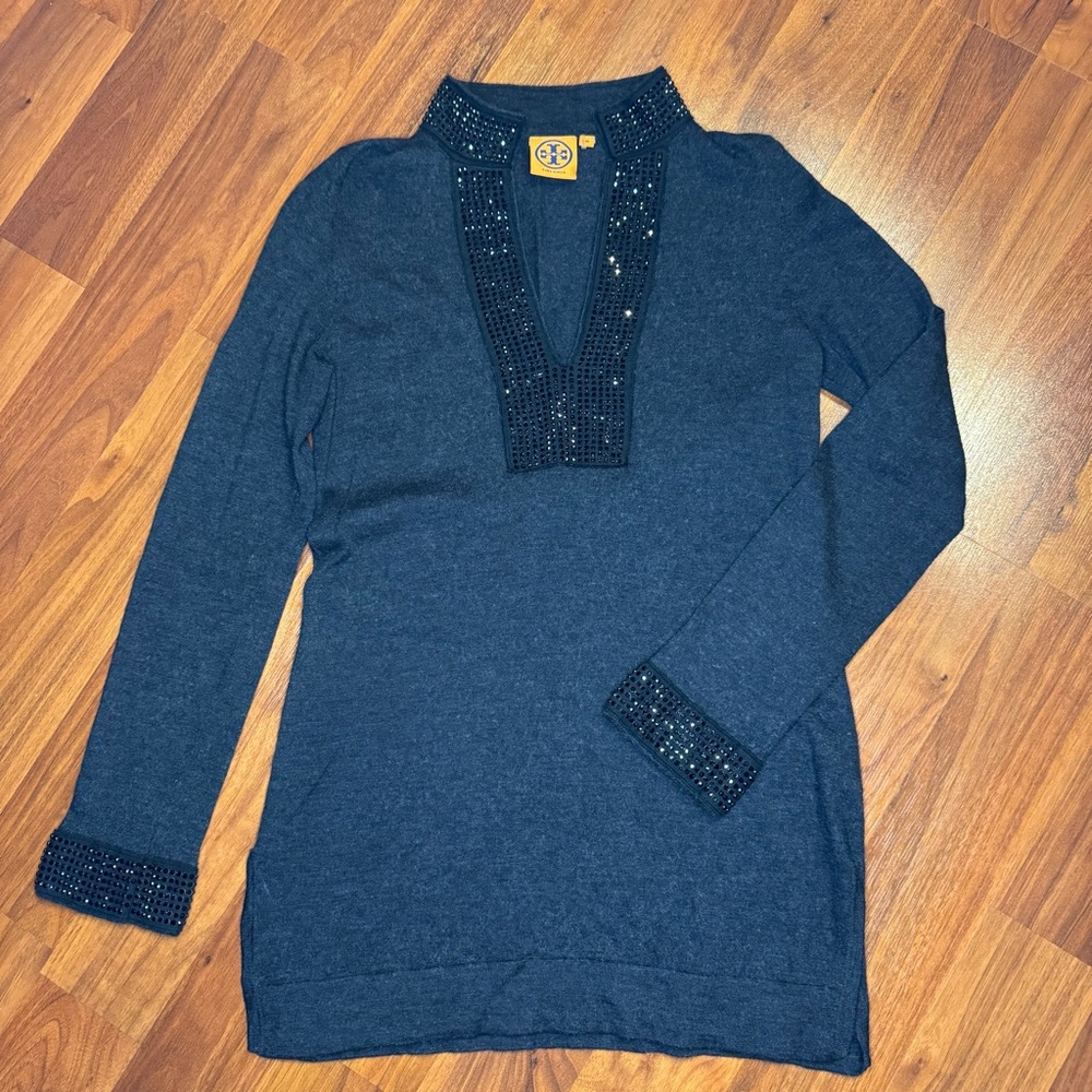 Tory Burch Dark Gray Rhinestone Trim Merino Wool V-Neck Tunic Sweater Sz M